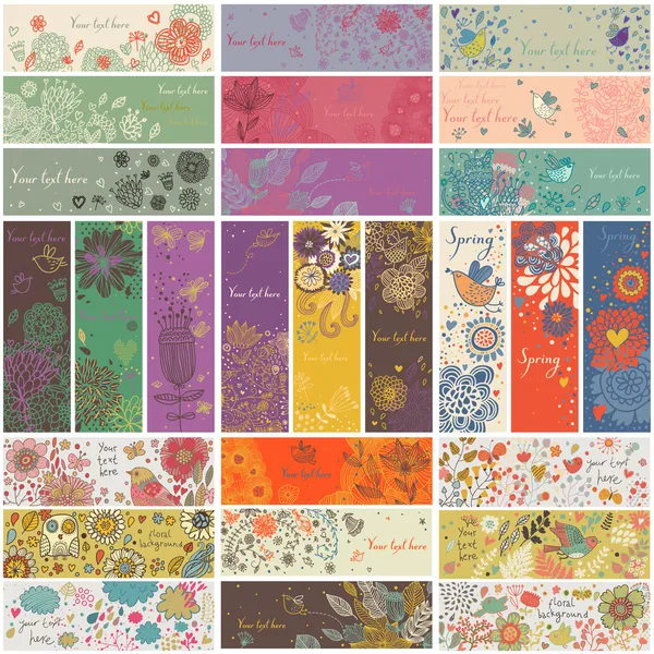 27 цветочные баннеры в векторе. романтический набор в мультяшном стиле. горизонтальные и вертикальные карточки с цветами, птицами, сердца, ветви. весной и летом концепция — стоковый вектор