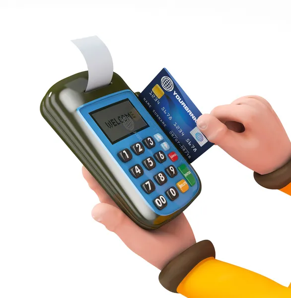 3D рука swiping универсальных кредитных карт на более противостоять pos — стоковое фото