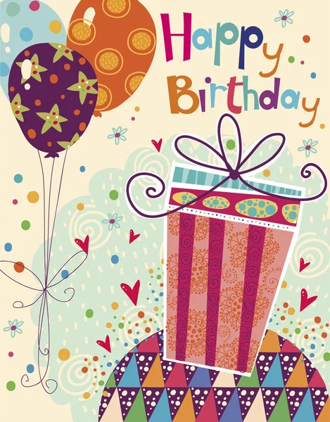 Красивые с днем рождения открытка с подарком и шары в яркие цвета. сладкий мультфильм вектор. Открытка на день рождения — стоковый вектор