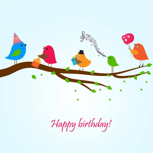 Поздравительная открытка с милыми птицами с цветами и подарками — стоковый вектор