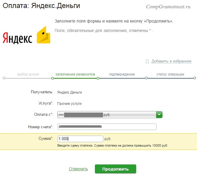 Пополнение счета Яндекс Деньги через Сбербанк