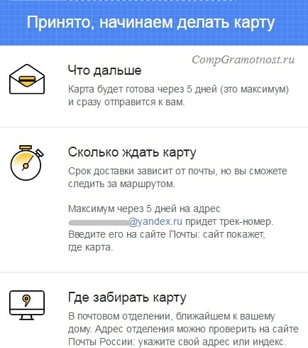 данные для выпуска карты Яндекс деньги получены