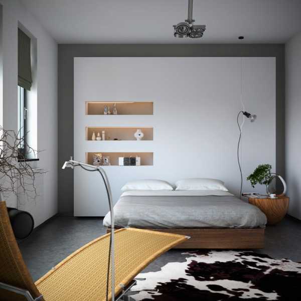 Полки над кроватью в спальне из гипсокартона