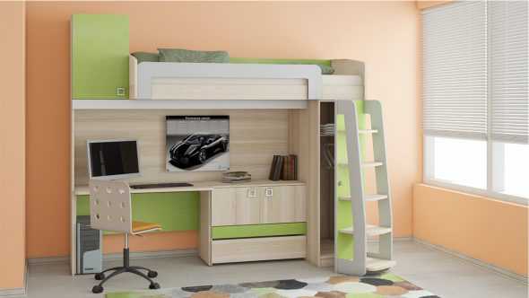 Двухэтажная кровать для детей со столом и шкафом