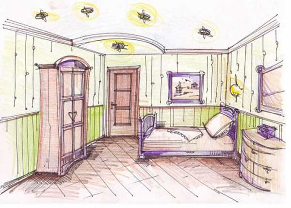 Soba za skiciranje - Crteži dječje sobe olovkom s namještajem i tekstilom