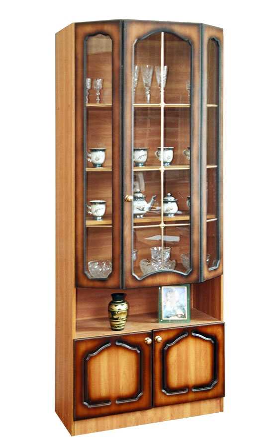 Узкий шкаф для посуды со стеклом в гостиную в современном стиле